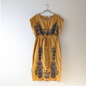 Sundance Felicity Mustard Yellow Embroidered Sequin Cotton Midi Dress, size L